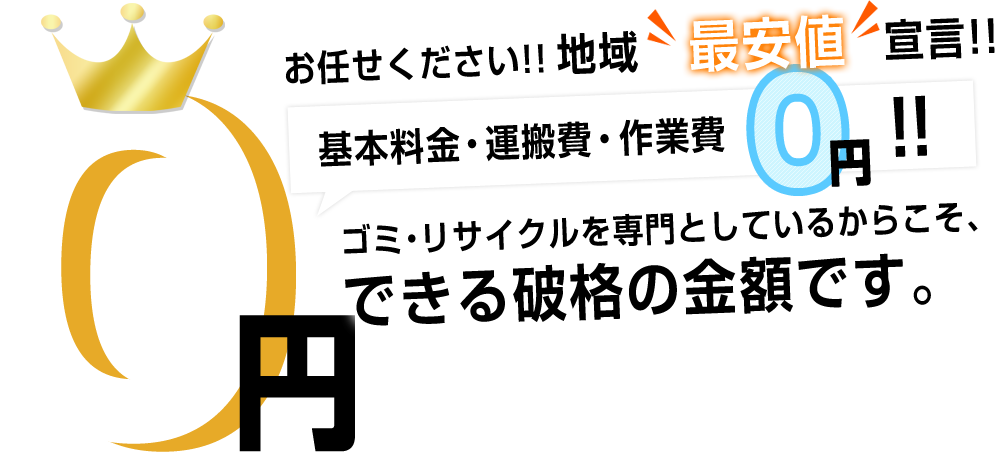 地域最安値宣言!基本料金・運搬費・作業費・0円!ゴミ・リサイクルを専門としているからこそ、できる破格の金額です。